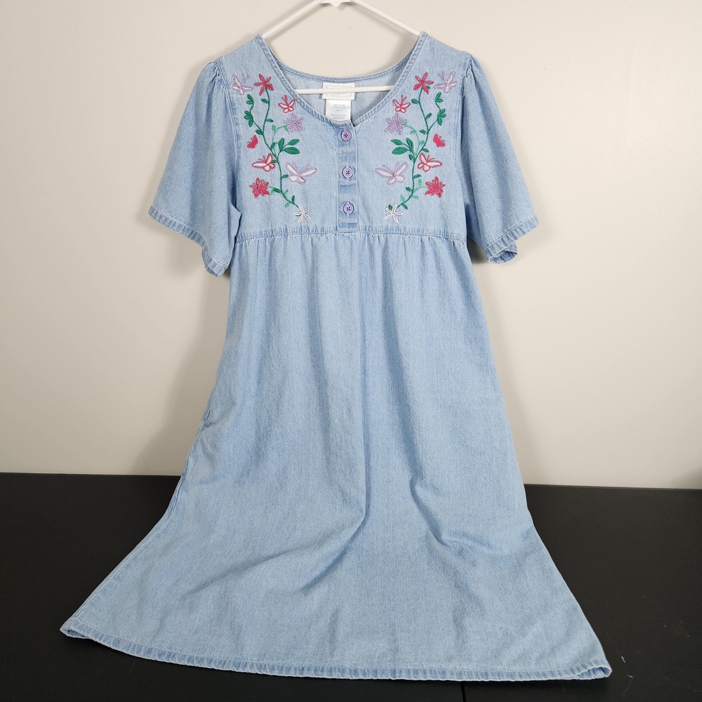 Vintage National Blue Denim Embroidered Floral Butterfly Midi Dress Womens S